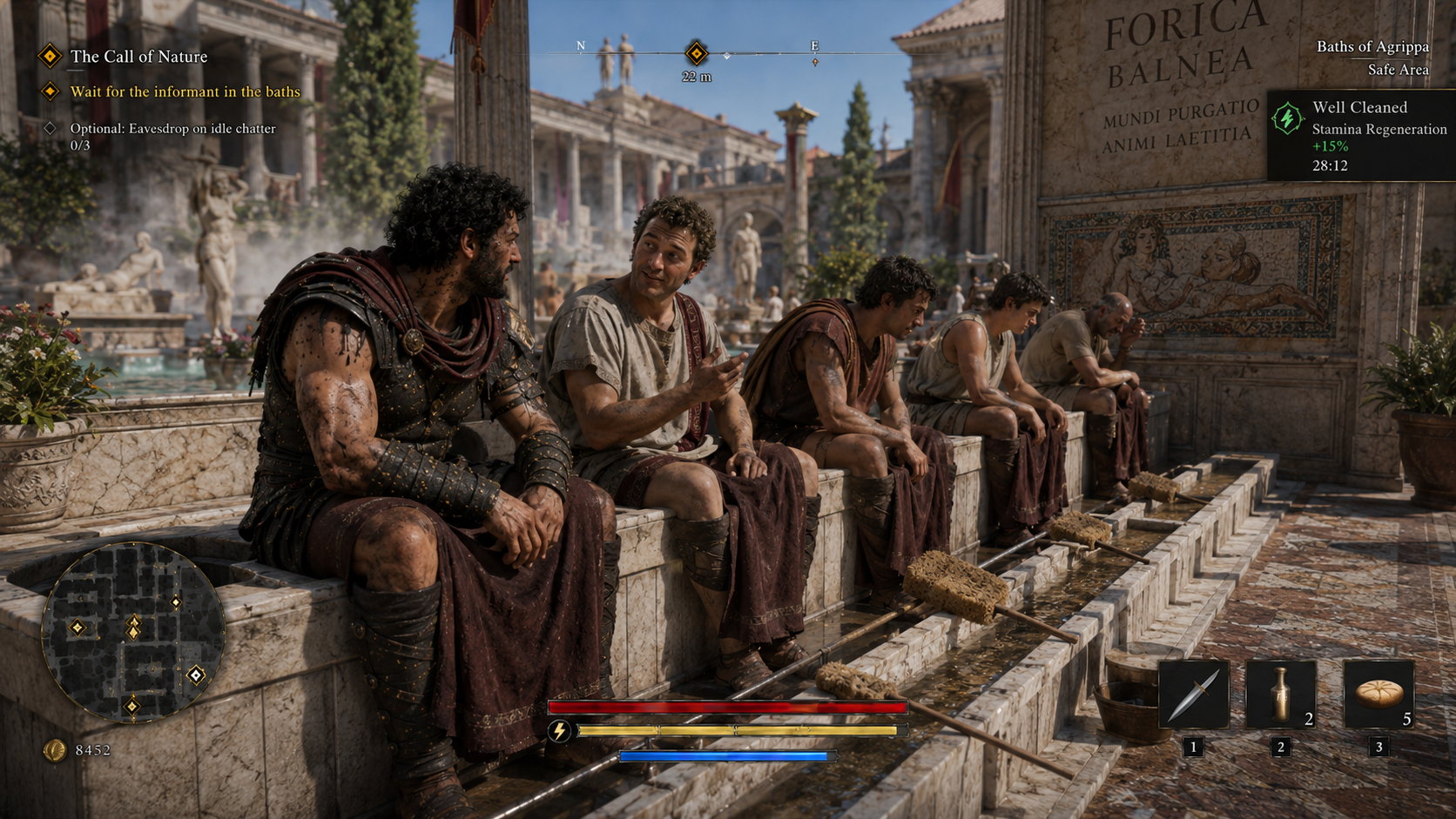 A Roman baths scene showing side conversations and social gameplay.
