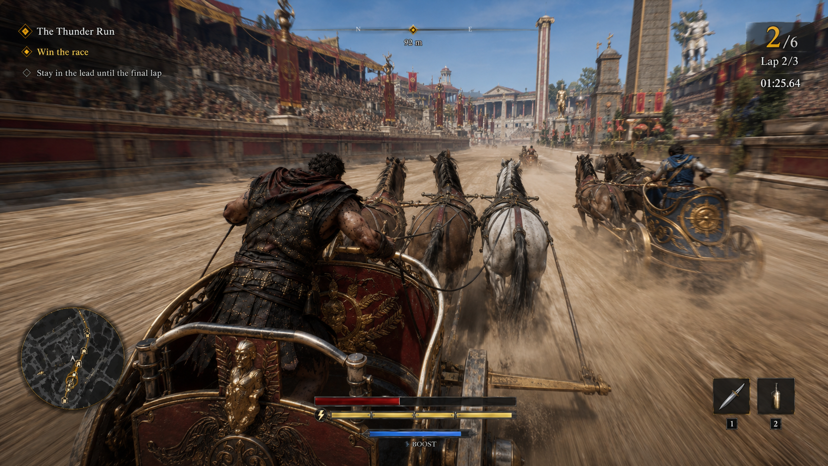 A chaotic Roman chariot race inside a packed stadium.