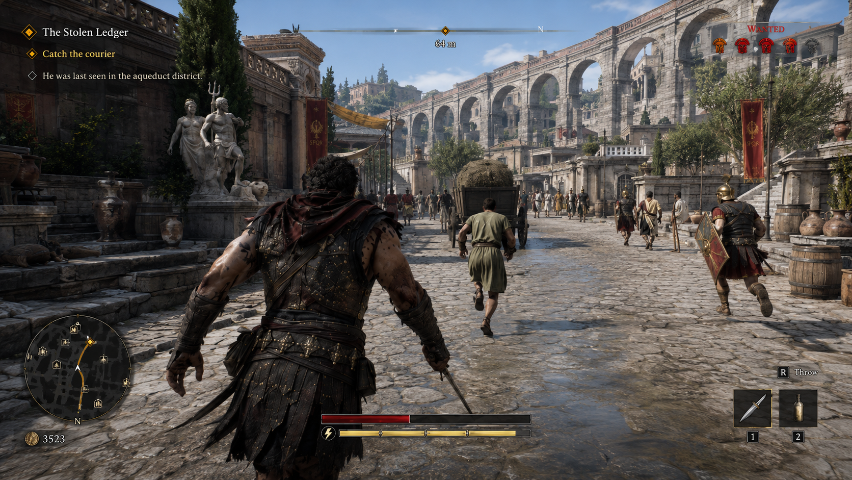Gameplay screenshot of a pursuit through a Roman district below towering aqueducts.