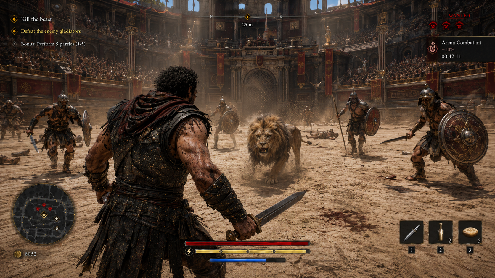 Gladiators and a lion facing the player in a Roman arena battle.